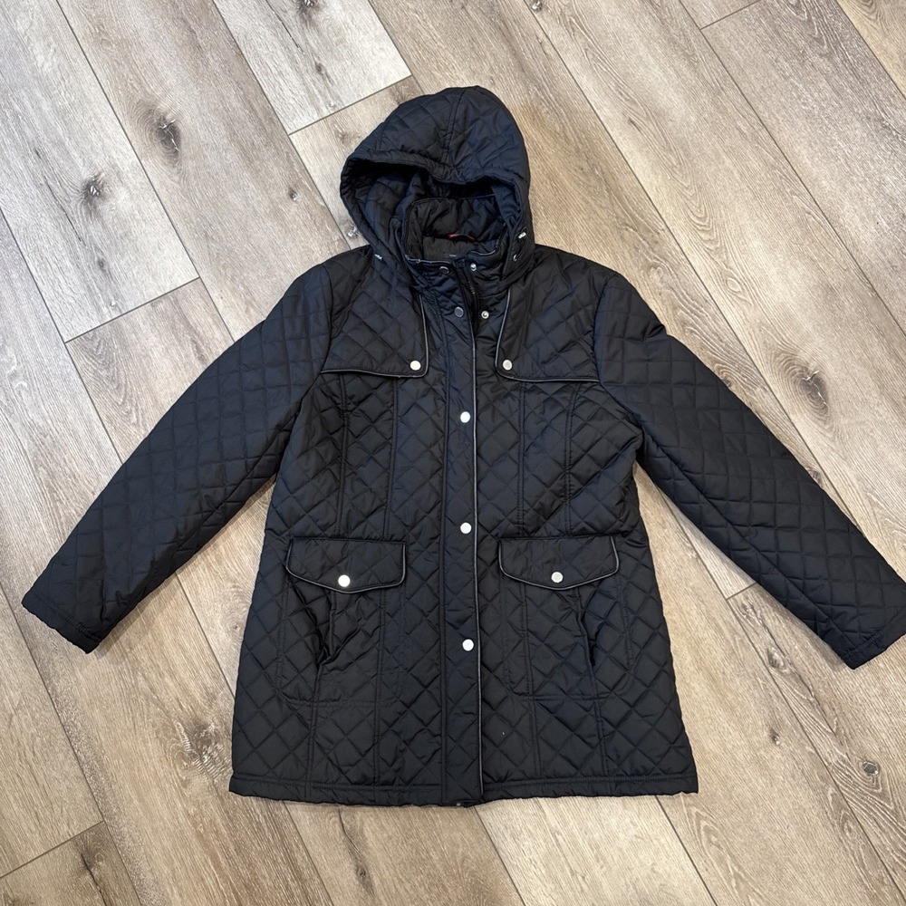 Tommy Hilfiger Hooded quilted Puffer‎ Full Zip Black coat XL #Shelf